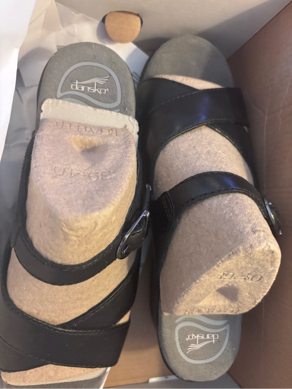 Dansko Black Leather Cross-Strap Buckle Sandals